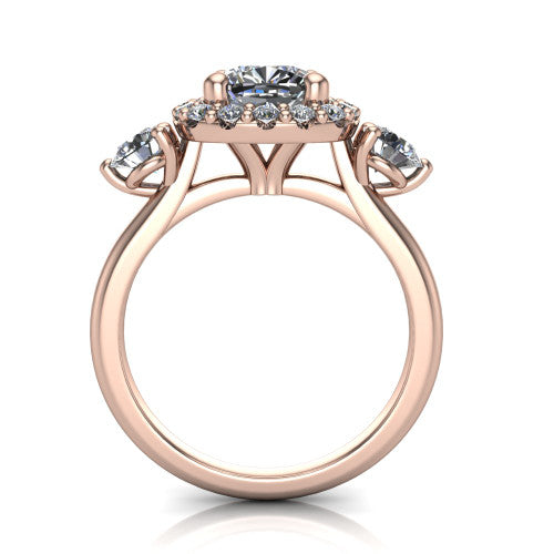 Carol cushion three stone halo engagement ring in 14K Rose Gold, through-finger front profile showing the haloed center and side stones above the plain band