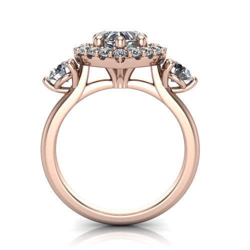 Carol heart three stone halo engagement ring in 18K Rose Gold, through-finger front profile showing the haloed center and side stones above the plain band