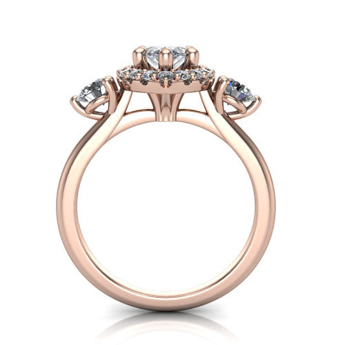 Carol marquise three stone halo engagement ring in 18K Rose Gold, through-finger front profile showing the haloed center and side stones above the plain band