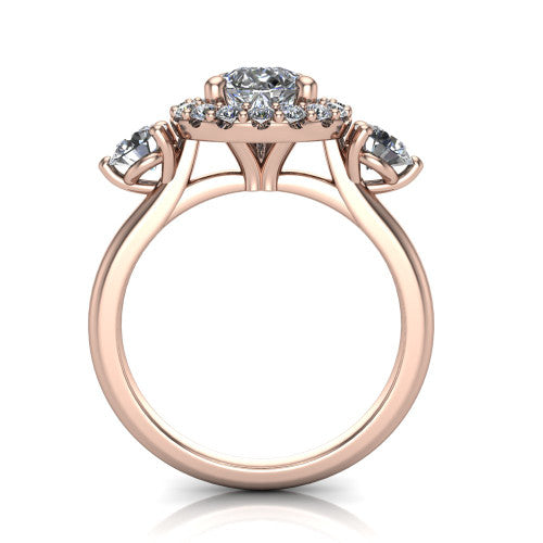 Carol pear three stone halo engagement ring in 14K Rose Gold, through-finger front profile showing the haloed center and side stones above the plain band