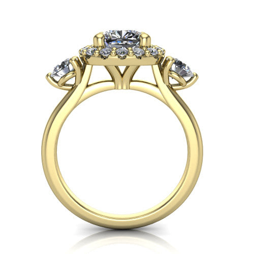 Carol cushion three stone halo engagement ring in 18K Yellow Gold, through-finger front profile showing the haloed center and side stones above the plain band