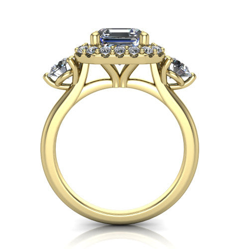 Carol square emerald three stone halo engagement ring in 14K Yellow Gold, through-finger front profile showing the haloed center and side stones above the plain band