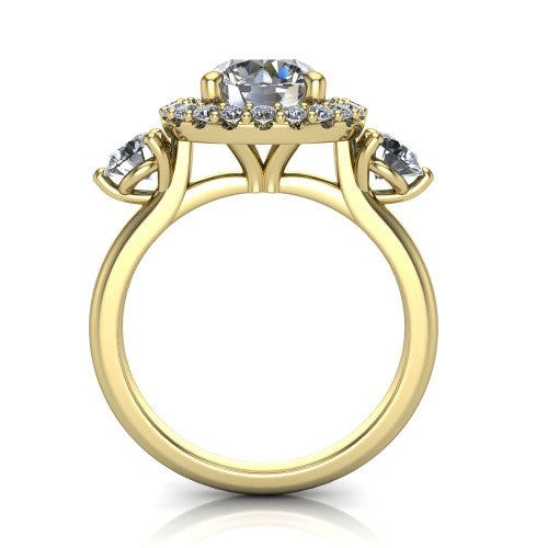 Carol round three stone halo engagement ring in 18K Yellow Gold, through-finger front profile showing the haloed center and side stones above the plain band