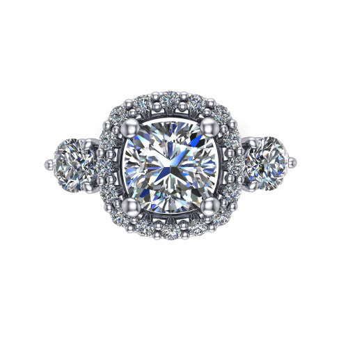 Carol cushion three stone halo engagement ring in 14K White Gold, top-down view showing the squared pav&eacute; halo around the cushion center and the two round accent diamonds