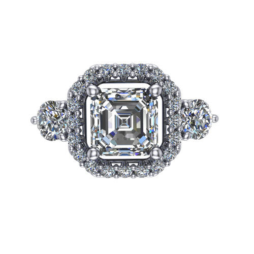 Carol square emerald three stone halo engagement ring in 14K White Gold, top-down view showing the squared pav&eacute; halo around the square emerald center and the two round accent diamonds