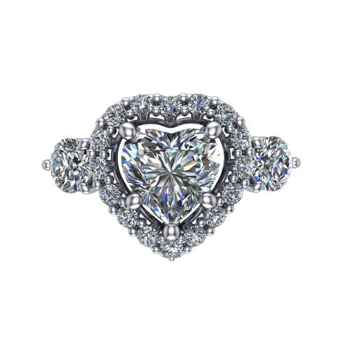 Carol heart three stone halo engagement ring in 14K White Gold, top-down view showing the squared pav&eacute; halo around the heart center and the two round accent diamonds