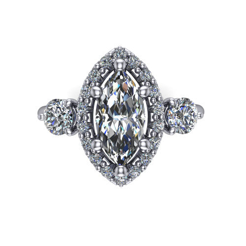 Carol marquise three stone halo engagement ring in 18K White Gold, top-down view showing the squared pav&eacute; halo around the marquise center and the two round accent diamonds