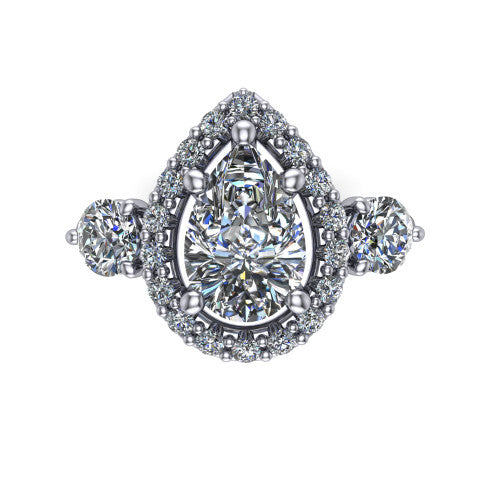 Carol pear three stone halo engagement ring in 14K White Gold, top-down view showing the squared pav&eacute; halo around the pear center and the two round accent diamonds