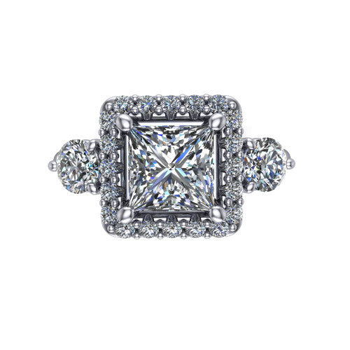 Carol princess three stone halo engagement ring in Platinum, top-down view showing the squared pav&eacute; halo around the princess center and the two round accent diamonds