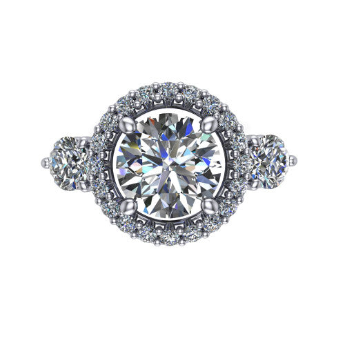 Carol round three stone halo engagement ring in 14K White Gold, top-down view showing the squared pav&eacute; halo around the round center and the two round accent diamonds