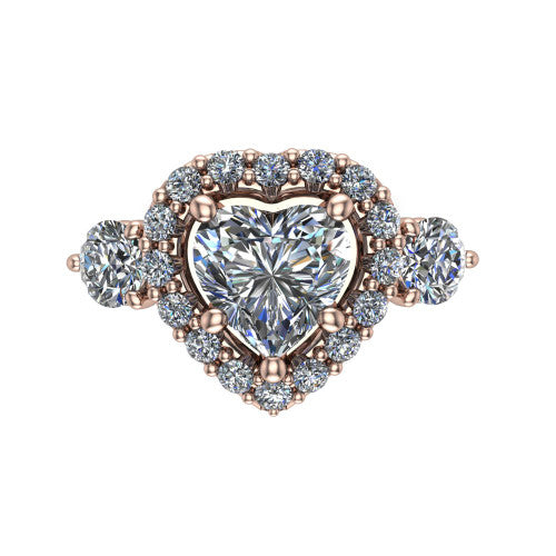 Carol heart three stone halo engagement ring in 14K Rose Gold, top-down view showing the squared pav&eacute; halo around the heart center and the two round accent diamonds