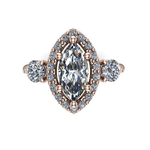 Carol marquise three stone halo engagement ring in 14K Rose Gold, top-down view showing the squared pav&eacute; halo around the marquise center and the two round accent diamonds