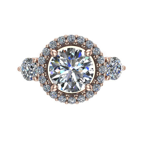 Carol round three stone halo engagement ring in 14K Rose Gold, top-down view showing the squared pav&eacute; halo around the round center and the two round accent diamonds