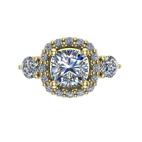 Carol cushion three stone halo engagement ring in 14K Yellow Gold, top-down view showing the squared pav&eacute; halo around the cushion center and the two round accent diamonds