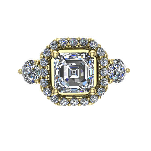 Carol square emerald three stone halo engagement ring in 14K Yellow Gold, top-down view showing the squared pav&eacute; halo around the square emerald center and the two round accent diamonds