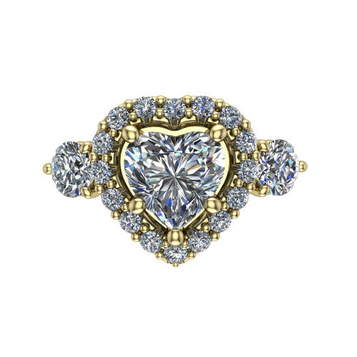 Carol heart three stone halo engagement ring in 14K Yellow Gold, top-down view showing the squared pav&eacute; halo around the heart center and the two round accent diamonds