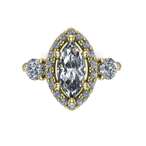 Carol marquise three stone halo engagement ring in 18K Yellow Gold, top-down view showing the squared pav&eacute; halo around the marquise center and the two round accent diamonds