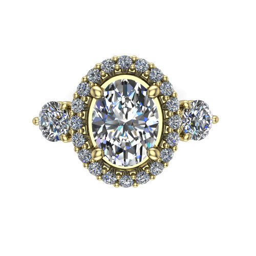 Carol oval three stone halo engagement ring in 14K Yellow Gold, top-down view showing the squared pav&eacute; halo around the oval center and the two round accent diamonds