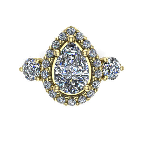 Carol pear three stone halo engagement ring in 18K Yellow Gold, top-down view showing the squared pav&eacute; halo around the pear center and the two round accent diamonds