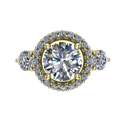 Carol round three stone halo engagement ring in 18K Yellow Gold, top-down view showing the squared pav&eacute; halo around the round center and the two round accent diamonds