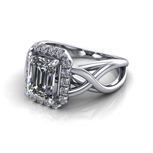 Coco emerald halo engagement ring in 14K White Gold, three-quarter perspective showing the emerald center in a squared pav&eacute; halo above a woven infinity split shank