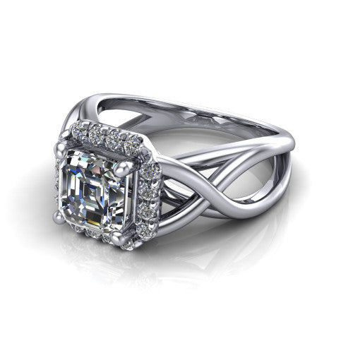 Coco square emerald halo engagement ring in 14K White Gold, three-quarter perspective showing the square emerald center in a squared pav&eacute; halo above a woven infinity split shank