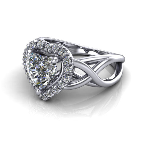 Coco heart halo engagement ring in 14K White Gold, three-quarter perspective showing the heart center in a squared pav&eacute; halo above a woven infinity split shank