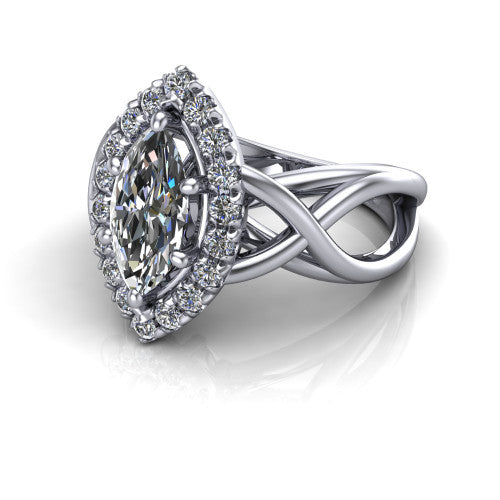 Coco marquise halo engagement ring in Platinum, three-quarter perspective showing the marquise center in a squared pav&eacute; halo above a woven infinity split shank