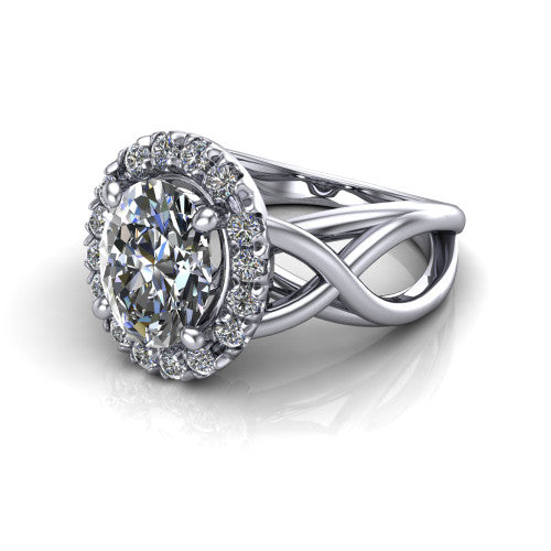 Coco oval halo engagement ring in 18K White Gold, three-quarter perspective showing the oval center in a squared pav&eacute; halo above a woven infinity split shank