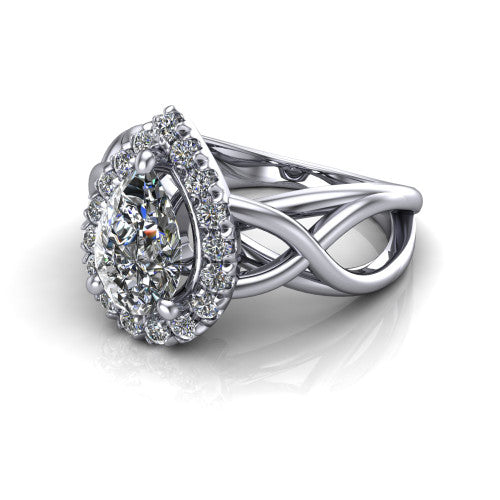 Coco pear halo engagement ring in Platinum, three-quarter perspective showing the pear center in a squared pav&eacute; halo above a woven infinity split shank