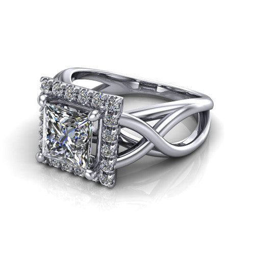 Coco princess halo engagement ring in 14K White Gold, three-quarter perspective showing the princess center in a squared pav&eacute; halo above a woven infinity split shank
