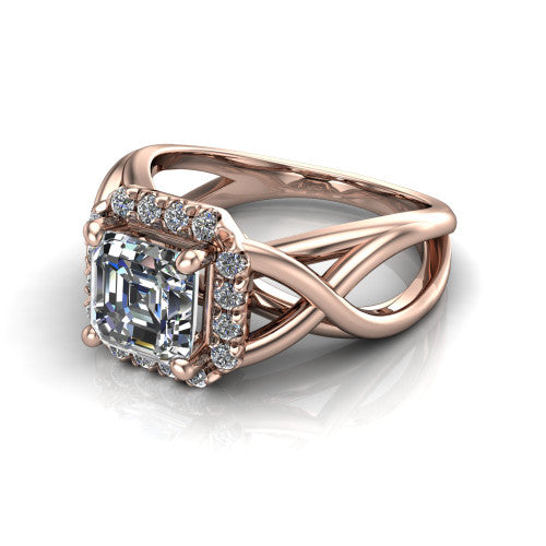 Coco square emerald halo engagement ring in 14K Rose Gold, three-quarter perspective showing the square emerald center in a squared pav&eacute; halo above a woven infinity split shank