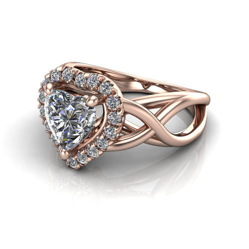 Coco heart halo engagement ring in 18K Rose Gold, three-quarter perspective showing the heart center in a squared pav&eacute; halo above a woven infinity split shank