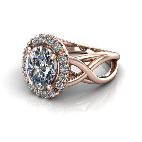 Coco oval halo engagement ring in 14K Rose Gold, three-quarter perspective showing the oval center in a squared pav&eacute; halo above a woven infinity split shank