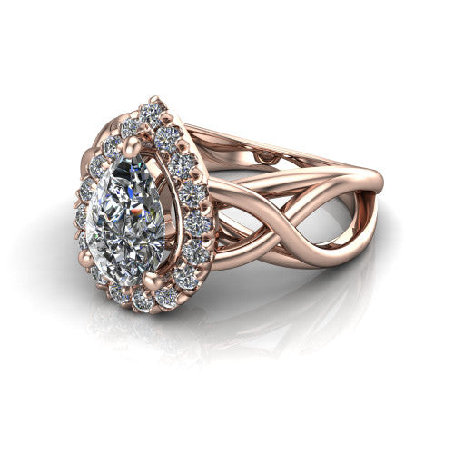 Coco pear halo engagement ring in 14K Rose Gold, three-quarter perspective showing the pear center in a squared pav&eacute; halo above a woven infinity split shank