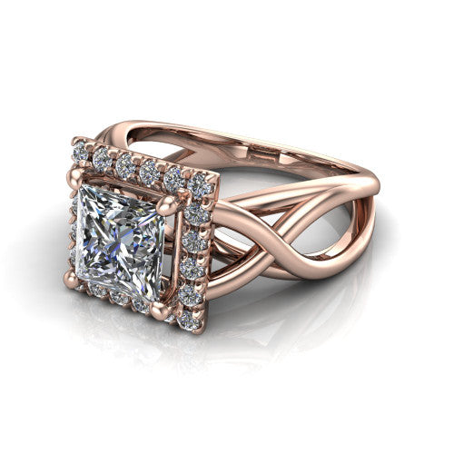 Coco princess halo engagement ring in 14K Rose Gold, three-quarter perspective showing the princess center in a squared pav&eacute; halo above a woven infinity split shank