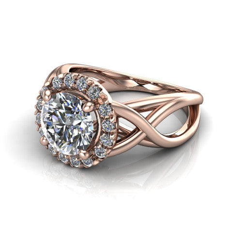 Coco round halo engagement ring in 18K Rose Gold, three-quarter perspective showing the round center in a squared pav&eacute; halo above a woven infinity split shank