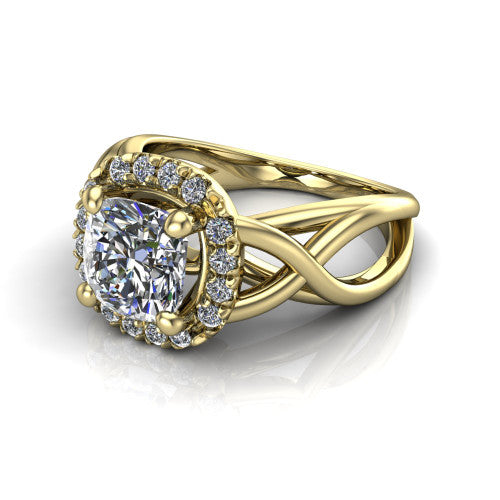 Coco cushion halo engagement ring in 14K Yellow Gold, three-quarter perspective showing the cushion center in a squared pav&eacute; halo above a woven infinity split shank