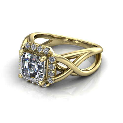 Coco square emerald halo engagement ring in 14K Yellow Gold, three-quarter perspective showing the square emerald center in a squared pav&eacute; halo above a woven infinity split shank