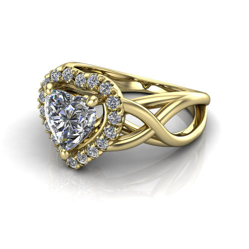 Coco heart halo engagement ring in 14K Yellow Gold, three-quarter perspective showing the heart center in a squared pav&eacute; halo above a woven infinity split shank