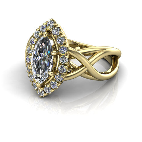 Coco marquise halo engagement ring in 18K Yellow Gold, three-quarter perspective showing the marquise center in a squared pav&eacute; halo above a woven infinity split shank