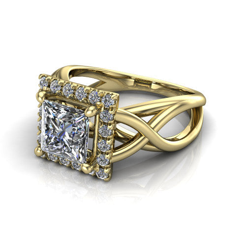 Coco princess halo engagement ring in 14K Yellow Gold, three-quarter perspective showing the princess center in a squared pav&eacute; halo above a woven infinity split shank