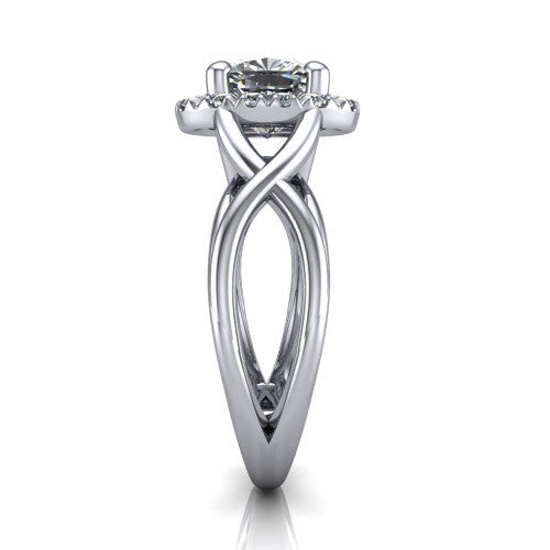 Coco cushion halo engagement ring in 18K White Gold, side profile showing the woven infinity split shank and the squared halo in profile