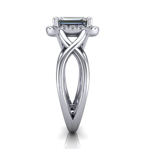 Coco emerald halo engagement ring in 14K White Gold, side profile showing the woven infinity split shank and the squared halo in profile
