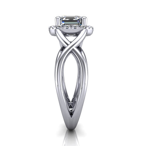 Coco square emerald halo engagement ring in Platinum, side profile showing the woven infinity split shank and the squared halo in profile