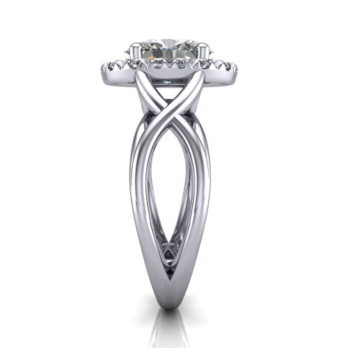 Coco oval halo engagement ring in 18K White Gold, side profile showing the woven infinity split shank and the squared halo in profile