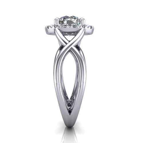 Coco round halo engagement ring in 18K White Gold, side profile showing the woven infinity split shank and the squared halo in profile