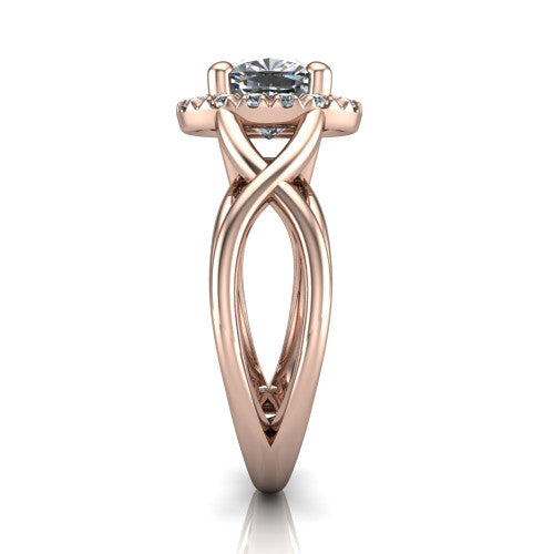 Coco cushion halo engagement ring in 18K Rose Gold, side profile showing the woven infinity split shank and the squared halo in profile