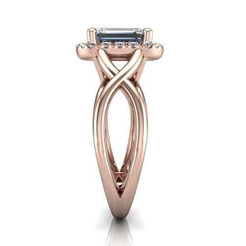 Coco emerald halo engagement ring in 18K Rose Gold, through-finger front profile showing the halo head above the woven split shank