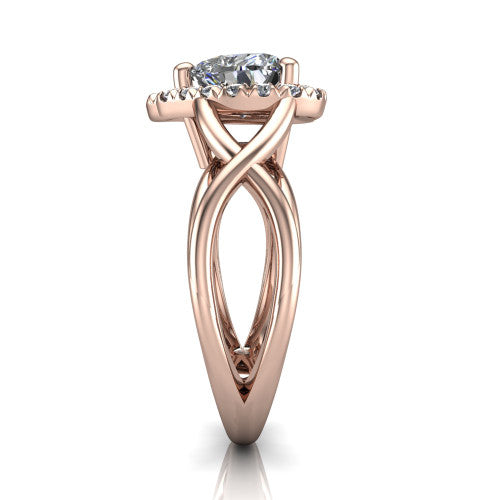 Coco heart halo engagement ring in 14K Rose Gold, side profile showing the woven infinity split shank and the squared halo in profile